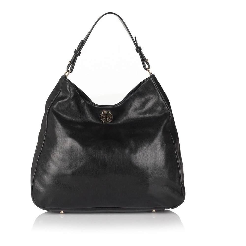 Tory Burch Dena Leather Hobo Women OS Black Excellent Gold Logo Slouchy Shoulder